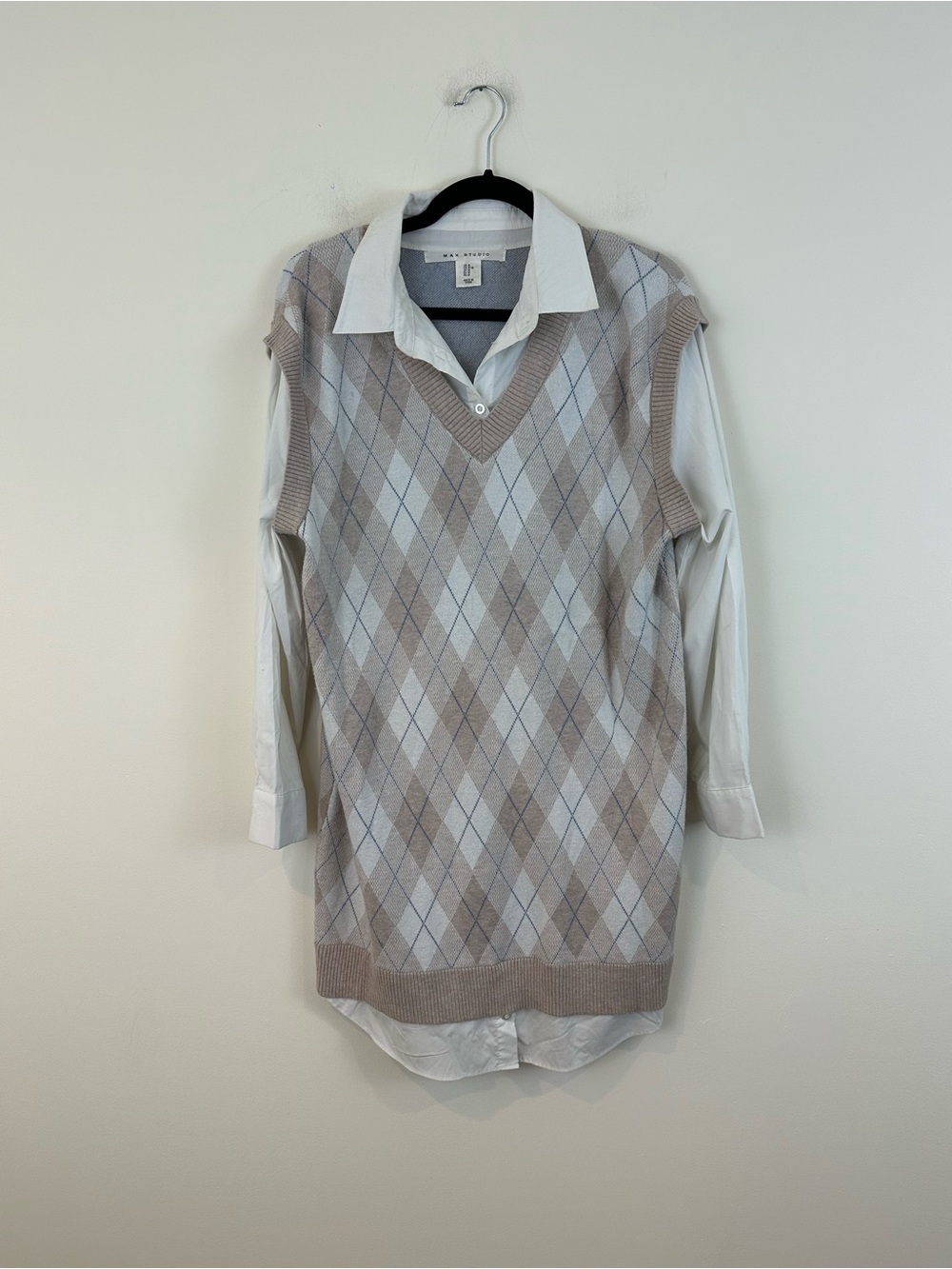 Max Studio Tan Argyle Layered Long Sleeve Sweater Dress Size Medium